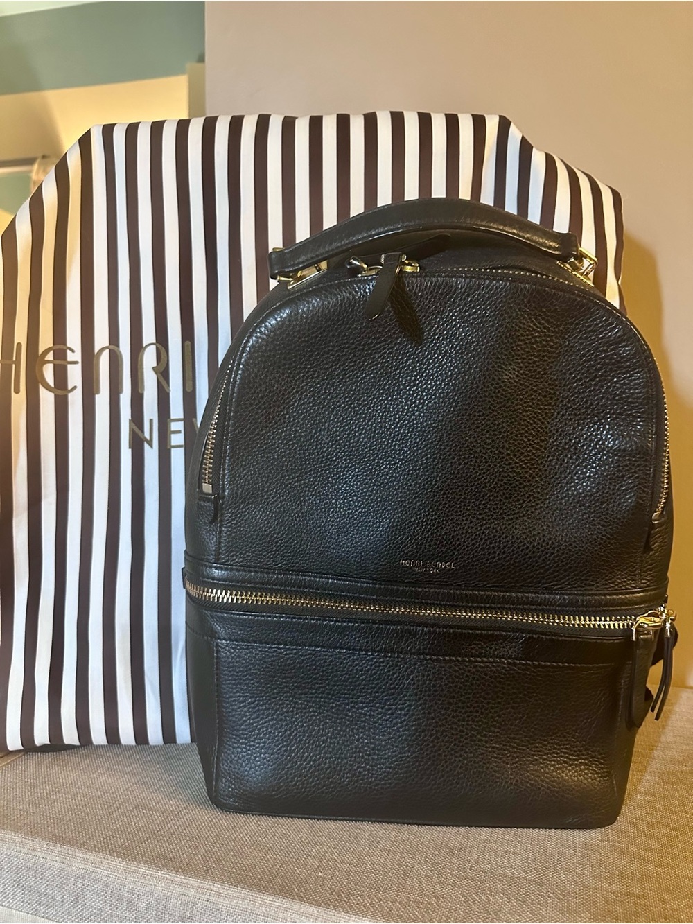 HENRI BENDEL Vintage Black Pebbled Leather Backpack with Gold Hardware
